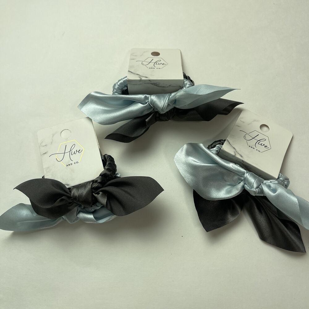 Lot of 6 Hive and Co Satin Hair Ties with Bow - 2 count Each Light Blue & Gray
